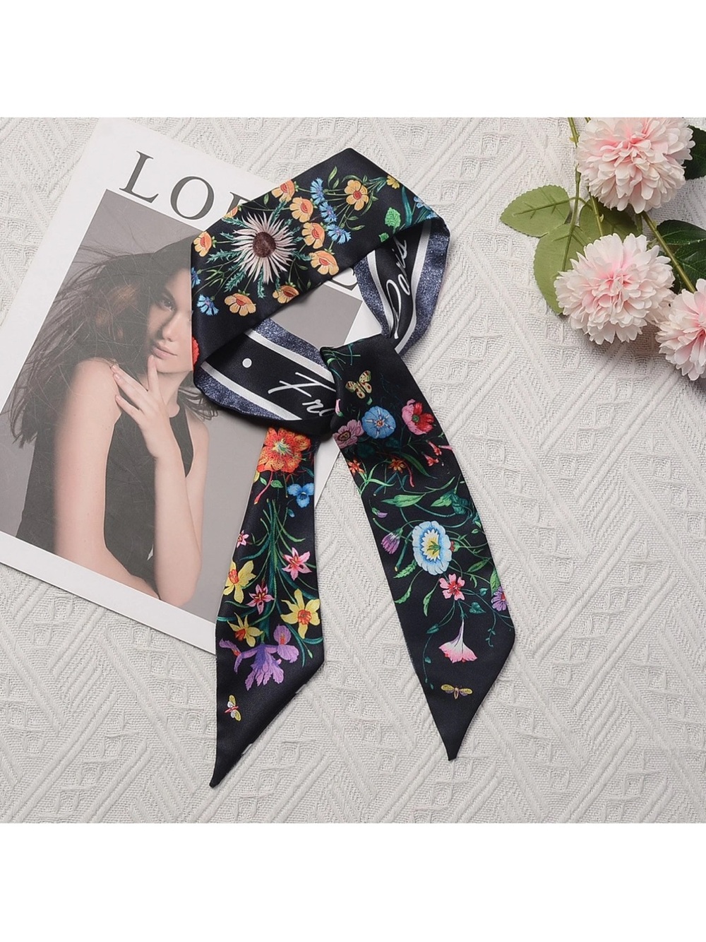 Floral Print Black Satin Twilly Scarf